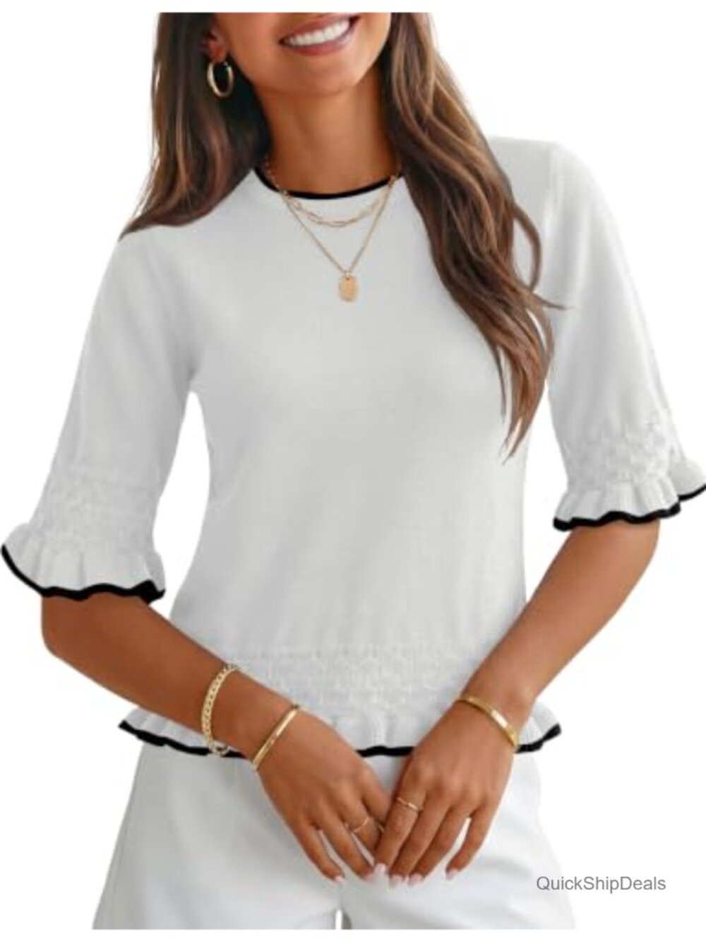 Womens 3/4 Sleeve Peplum Sweater Crewneck Knit Ruffle Hem Pullover Top